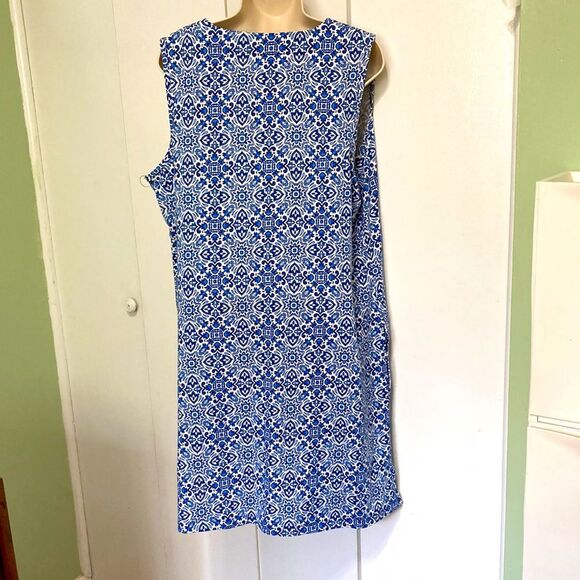 LANDS END Floral Geometric Sleeveless Casual Summer Dress Blue White Medium - Picture 9 of 12